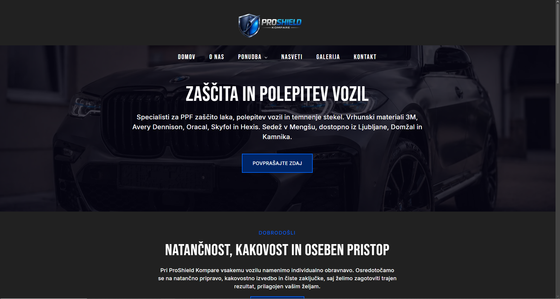 Posnetek domače strani projekta ProShield Kompare